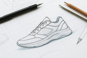 Sketch of a running shoe on paper with drawing tools