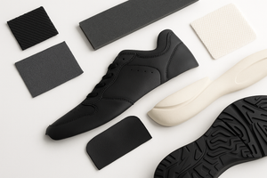 Black sneaker with sole and material samples on a light gray background