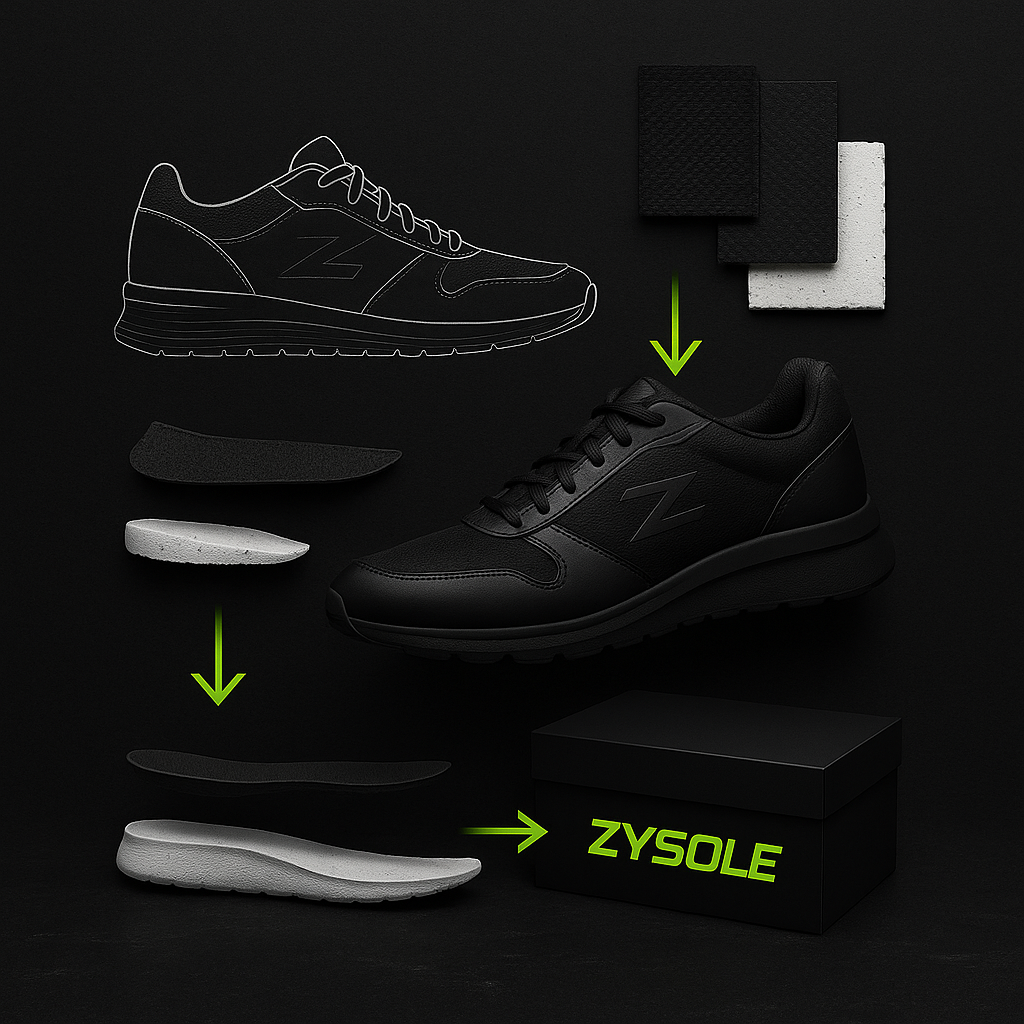Black running shoe with ZYSOLE insoles on a black background
