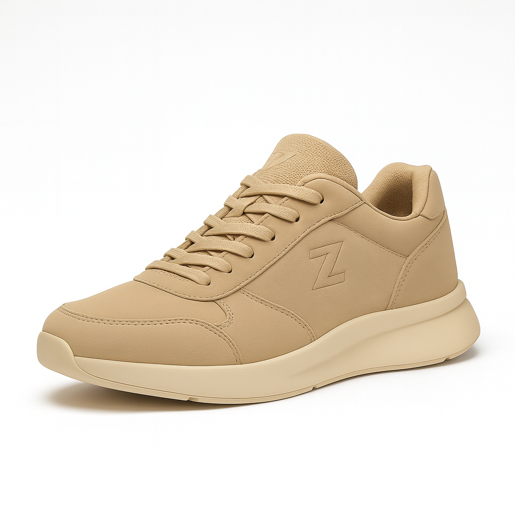 Beige sneaker with a brand logo on a white background