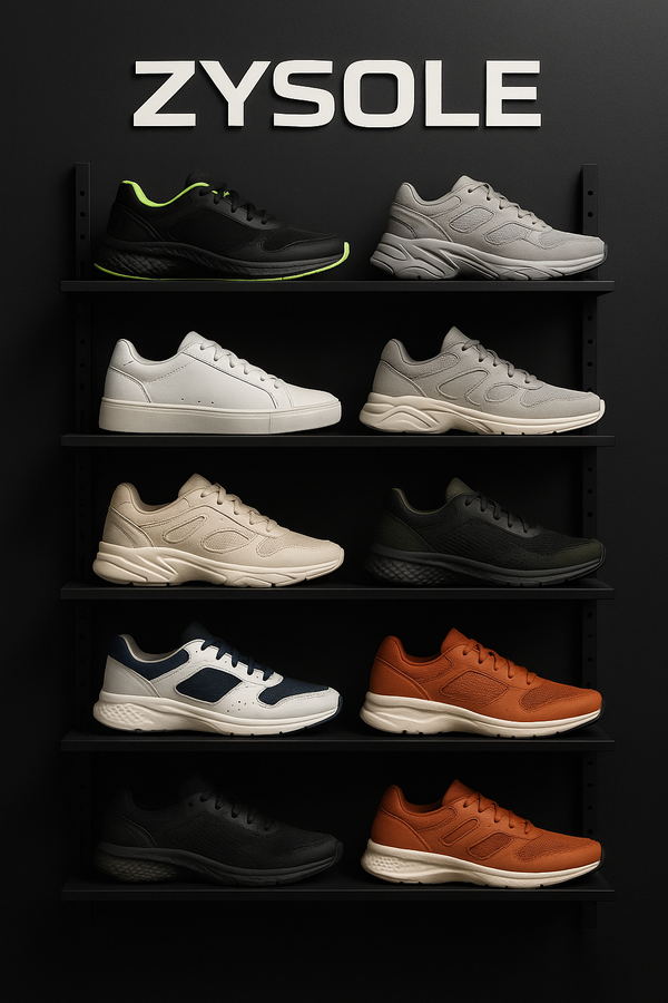 Shelves displaying various sneakers with ZYSOLE branding on a dark background