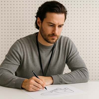 Man in gray sweater drawing sneaker on paper with pen against a light background