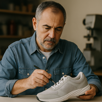 Man stitching a white sneaker with a brush in a casual setting