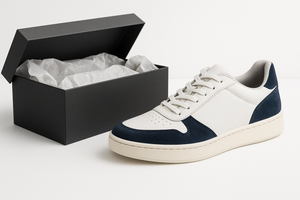 White and navy sneakers next to an open black shoe box on a light gray background