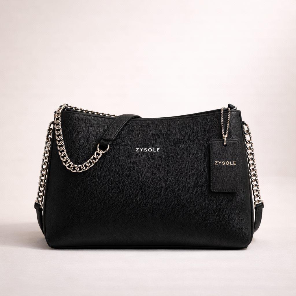 Black handbag with chain detail and ZYSOLE tag on a light pink background