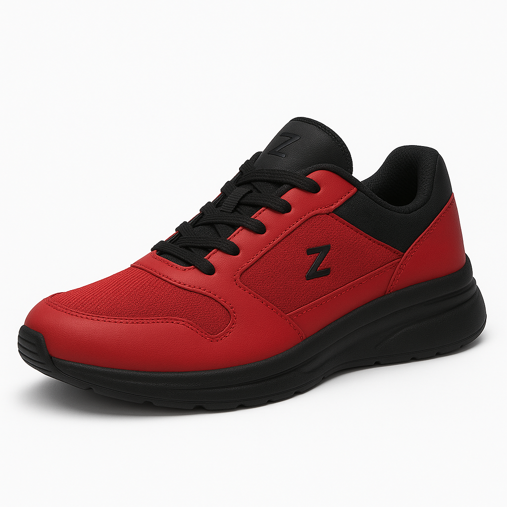Red and black sneaker with a brand logo on a white background